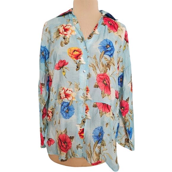 Umgee Tunic Floral Blue Red Long Sleeve Button Down Shirt Cotton Medium Boho - Picture 1 of 15